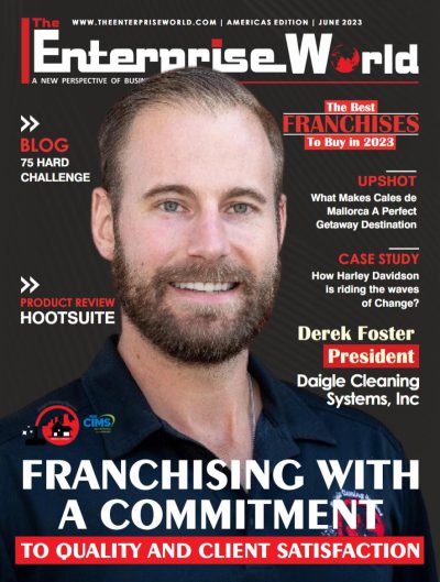 Cover of The Enterprise World's issue, "The Best Franchises to Buy in 2023," featuring Derek Foster, president of Daigle Cleaning Systems