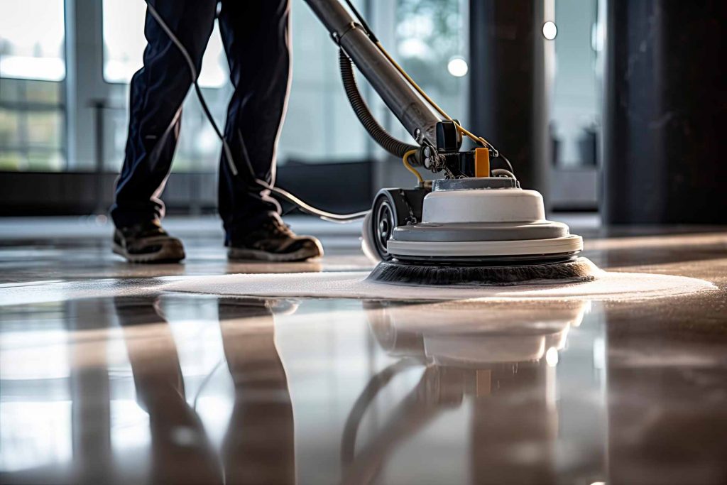 Custodian cleaning a VCT floor with a machine